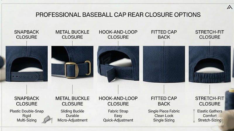 Baseball cap closure types including snapback metal buckle hook and loop fitted and stretch fit options