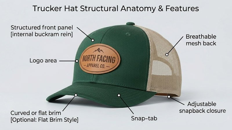 Trucker hat structure showing front panel mesh back brim and adjustable snapback closure
