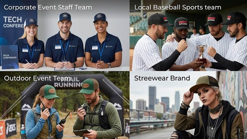 Custom trucker hats styled for corporate events outdoor campaigns sports teams and streetwear brands