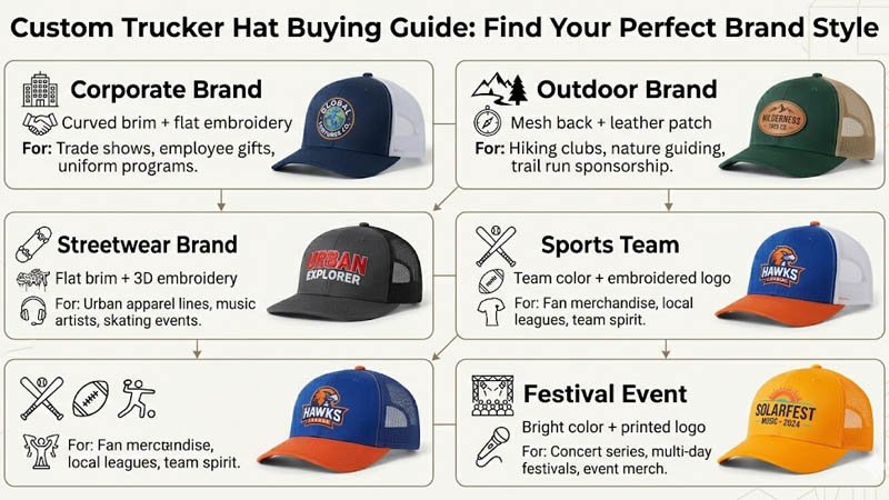 Custom trucker hat style guide for corporate outdoor streetwear sports and festival brands