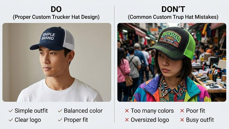 Do and don’t styling tips for custom trucker hats with balanced outfit and logo design