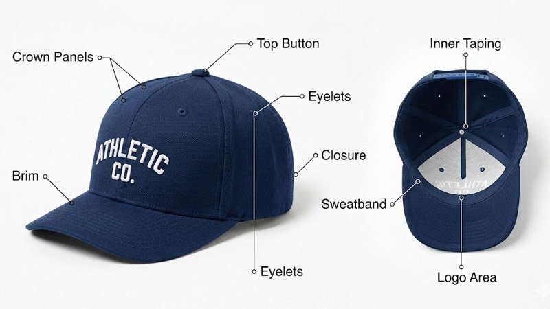 Baseball cap structure showing parts that affect custom cap weight