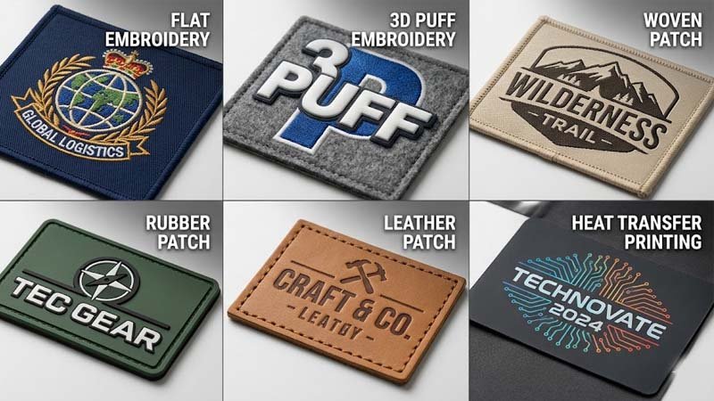 Custom baseball cap logo decoration options including embroidery patches and heat transfer printing