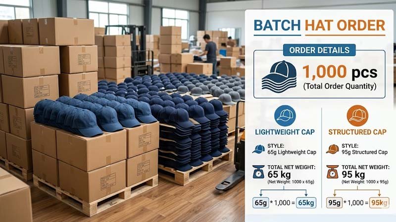 One thousand custom baseball caps weight calculation example for bulk orders