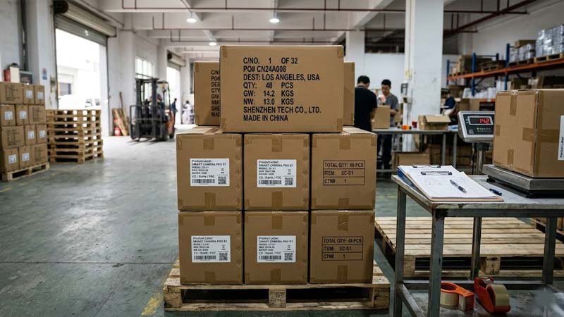 Bulk baseball cap cartons ready for export shipping from custom hat factory