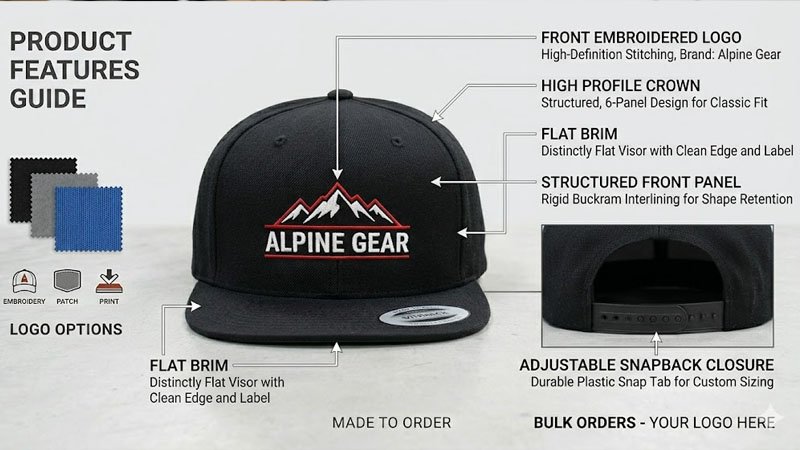 Custom embroidered snapback hat with flat brim and structured front panel