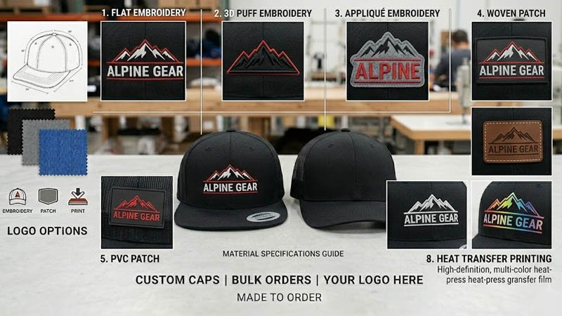 Custom hat logo options including embroidery patches printing and leather labels