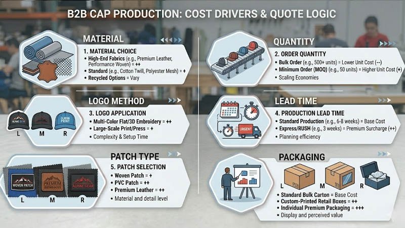 Custom hat cost factors including material logo method quantity and packaging