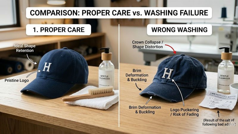 dry cleaning risks for baseball caps with distorted brim and crown
