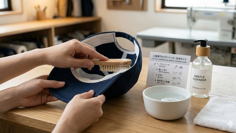 hand washing baseball cap with mild detergent and soft brush