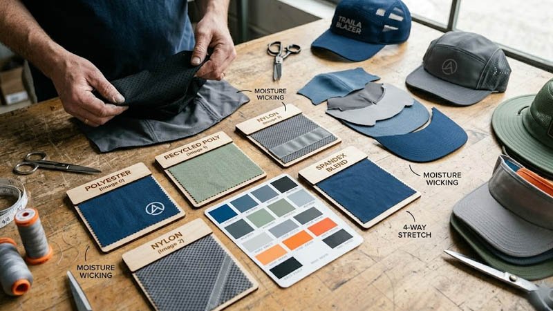 Performance hat fabric options including polyester nylon mesh and recycled materials