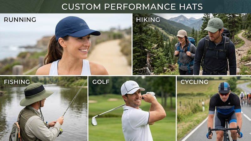 Custom performance hats for running hiking fishing golf and cycling activities