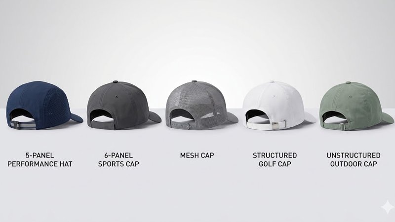 Different custom performance hat structures including 5 panel 6 panel mesh and structured caps