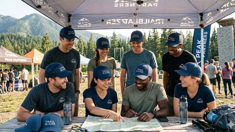 Custom performance hats used as branded headwear for outdoor events and sports teams