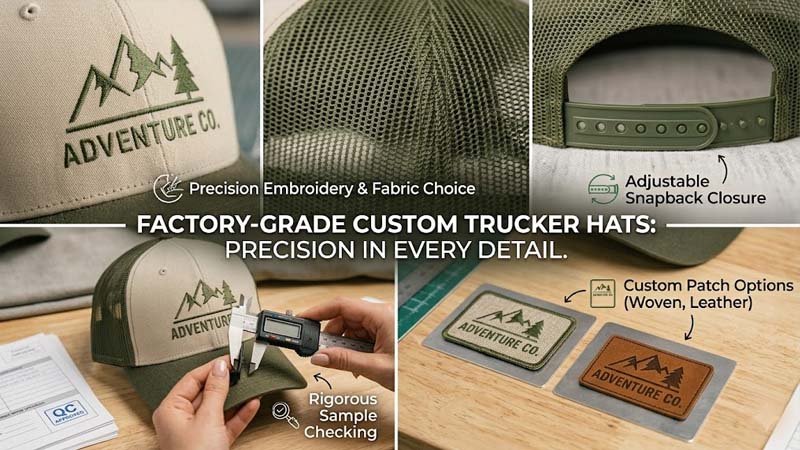 Custom trucker hat logo options with embroidery patch and snapback closure