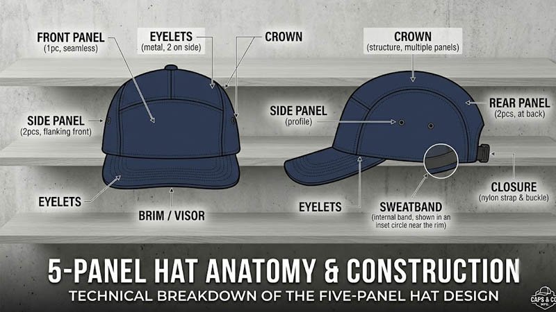 5-panel hat structure showing flat front panel brim crown and adjustable closure