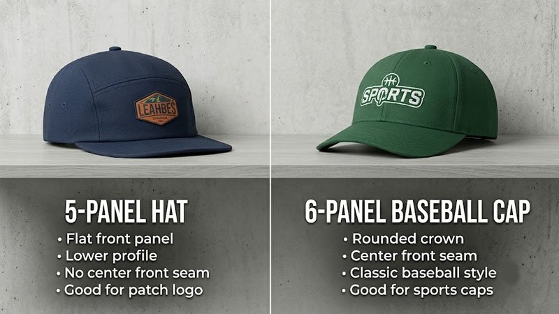 5-panel hat vs 6-panel hat comparison showing front panel crown shape and logo area