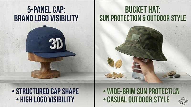 5-panel cap and bucket hat comparison for custom brand merchandise and outdoor use