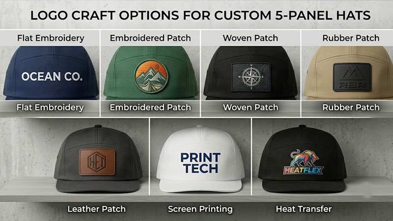 Logo customization methods for 5-panel hats including embroidery woven patch rubber patch and leather patch
