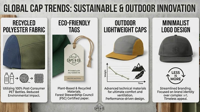 Sustainable custom 5-panel hats made with recycled polyester for outdoor and lifestyle brands