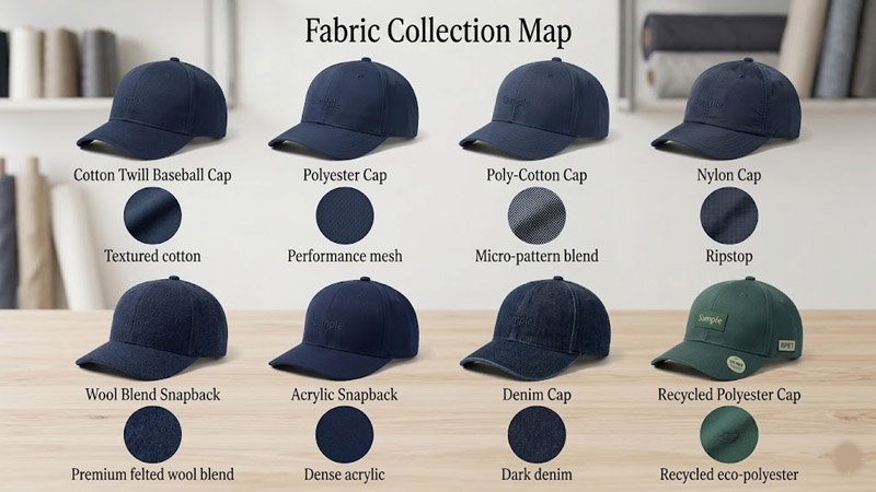Different fabric options for custom baseball caps including cotton twill, polyester, nylon, wool blend, acrylic, denim, and recycled polyester