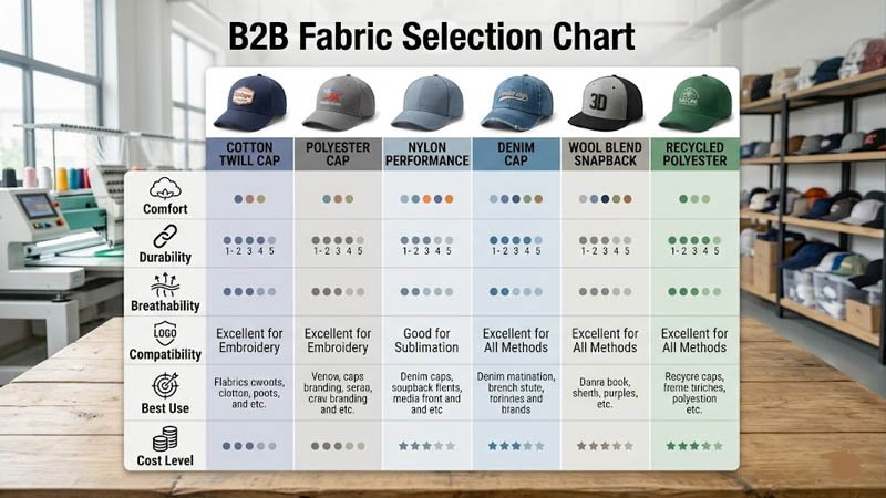 Baseball cap fabric comparison chart for bulk buyers showing comfort, durability, breathability, logo methods, and best uses