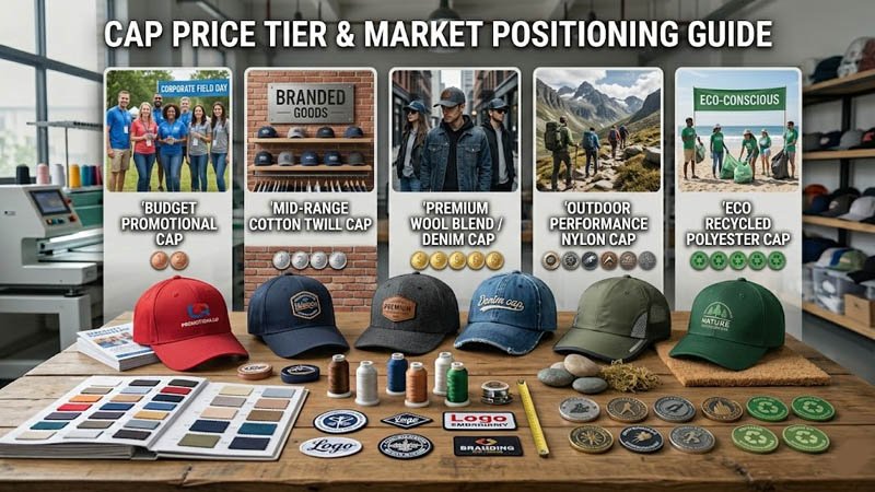 Custom baseball cap fabric choices by budget level for promotional, mid-range, premium, outdoor, and eco-friendly orders