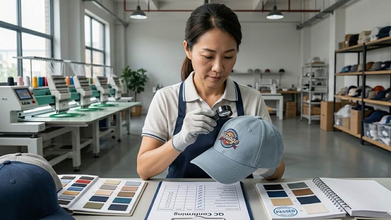 Common fabric selection mistakes in custom baseball cap production including embroidery puckering, color difference, shrinkage, and poor cap shape