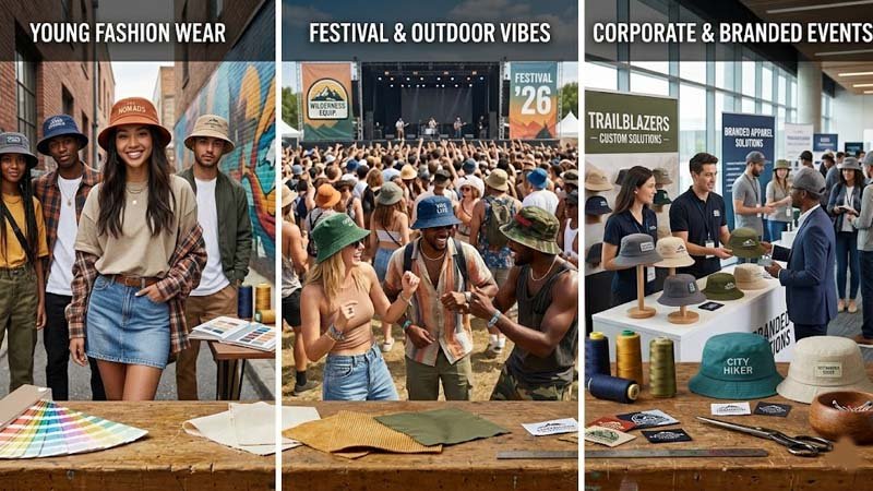 Custom bucket hats used for fashion outfits, outdoor events and brand promotion campaigns