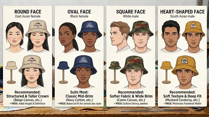 Bucket hat styling guide for different face shapes including round oval square and heart-shaped faces