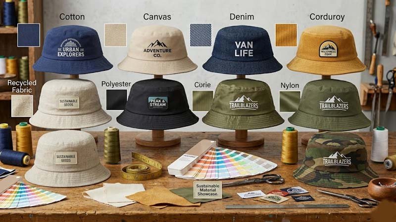 Fabric options for custom bucket hats including cotton canvas denim nylon polyester corduroy and recycled fabric