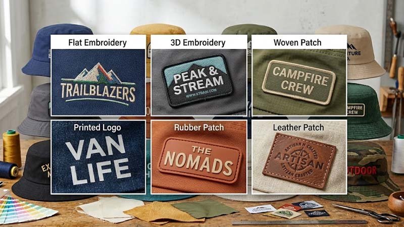 Logo options for custom bucket hats including embroidery woven patch printing rubber patch and leather patch