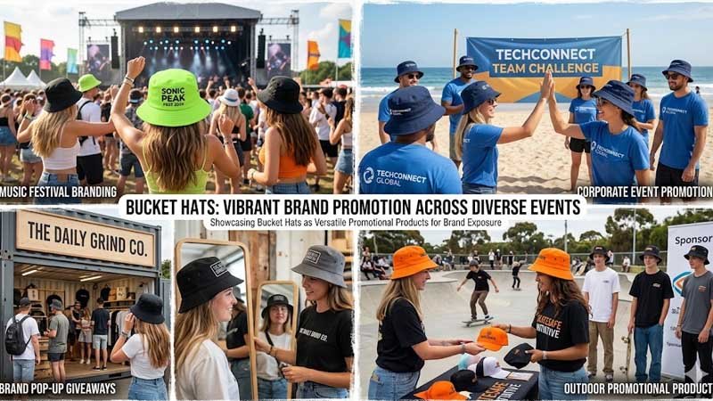 Custom logo bucket hats used for brand promotion, events and outdoor marketing campaigns