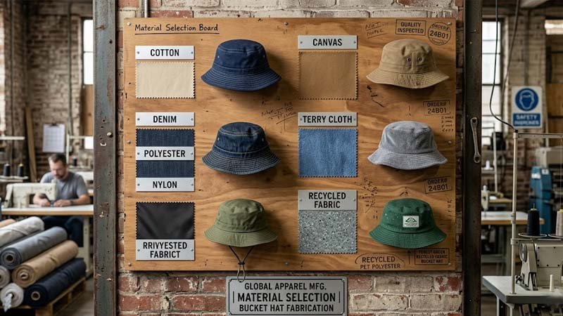 Bucket hat material options including cotton, canvas, denim, nylon, polyester and terry cloth
