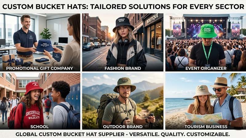 Custom bucket hats for promotional companies, fashion brands, schools, events and tourism businesses