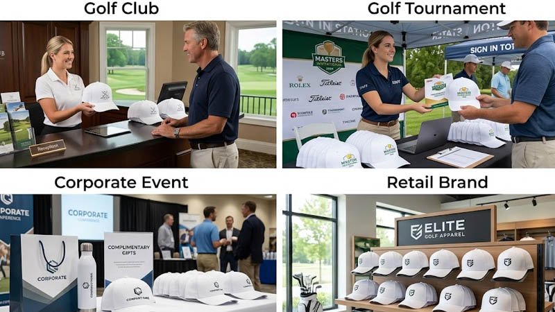 Custom white golf hats for golf clubs, tournaments, corporate events and retail brands