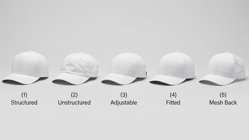 Different custom white golf hat styles including structured, unstructured, adjustable and mesh back caps