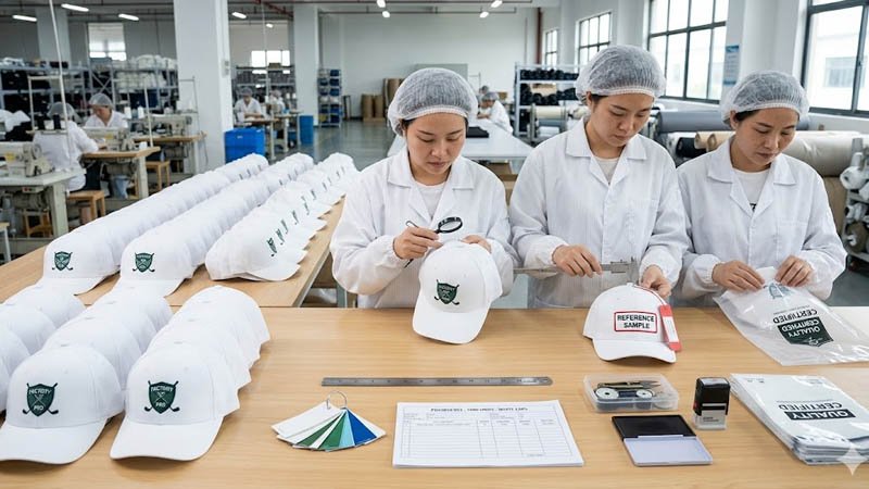 Bulk production and quality inspection for custom white golf hats at a professional hat factory
