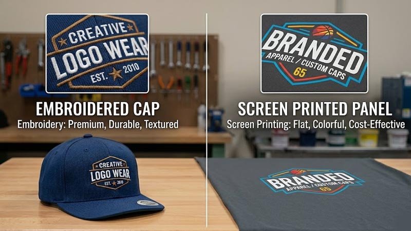 Quick comparison of embroidery and screen printing for custom caps