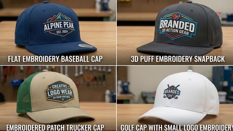 Different embroidery logo styles on custom baseball caps snapbacks and trucker hats