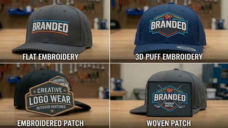 Flat embroidery 3D puff embroidery embroidered patch and woven patch options for custom caps