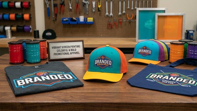 Colorful screen printed logos on custom caps and promotional apparel for bulk orders