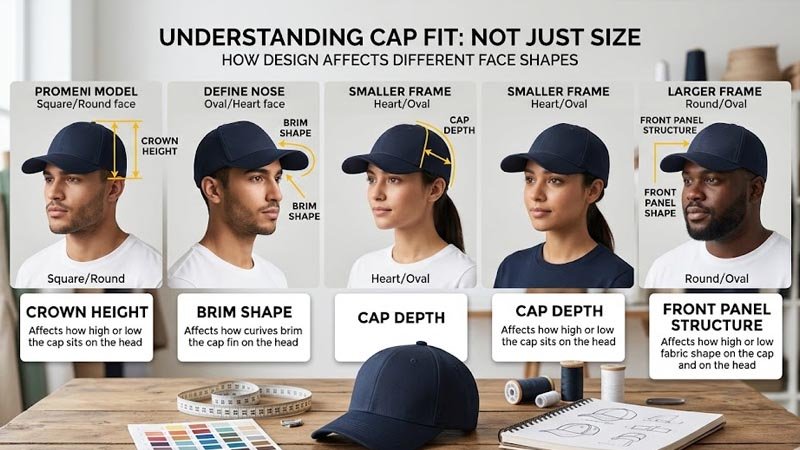 Baseball cap fit details including crown height brim shape and cap depth