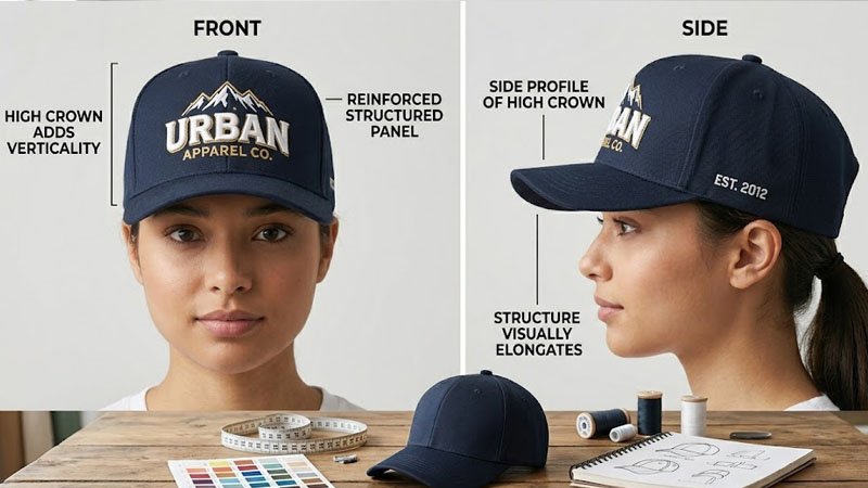 Structured snapback cap with high crown for round face shape