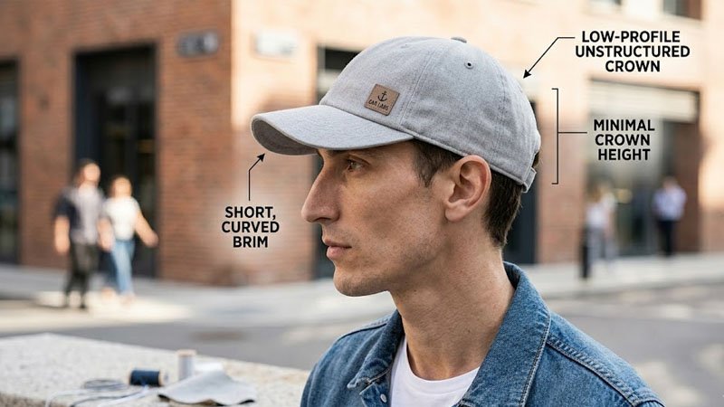 Low profile baseball cap with curved brim for long face shape