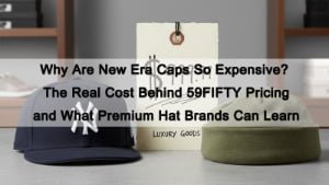 New Era style fitted cap and standard cap comparison showing premium pricing cues