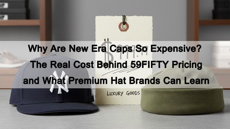 New Era style fitted cap and standard cap comparison showing premium pricing cues