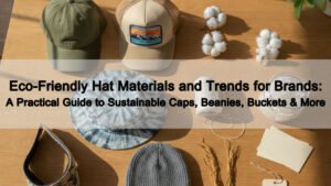 Eco-friendly hats collection including baseball cap, trucker cap, bucket hat, beanie and visor with sustainable materials like organic cotton and recycled polyester