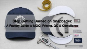 Factory snapback cap manufacturing guide featuring cap components, visor insert, snap closure, and quality inspection tools