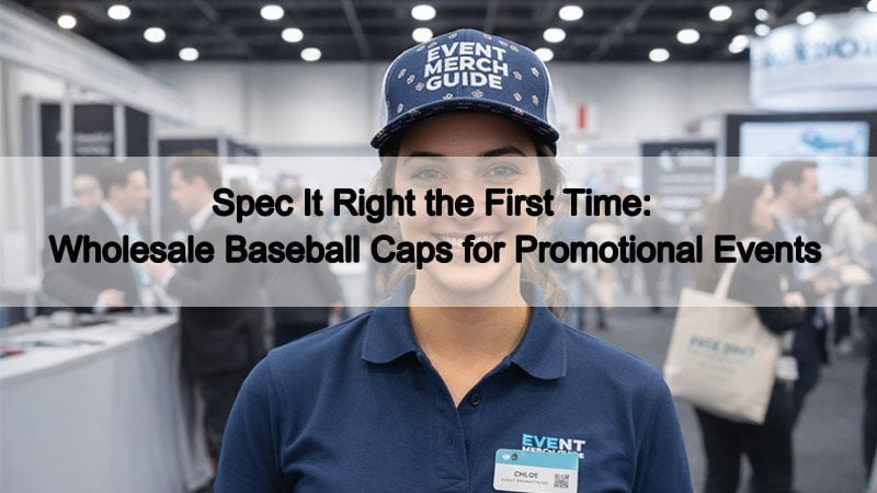 Custom wholesale baseball caps for promotional events at a trade show, with embroidered logo on the front panel